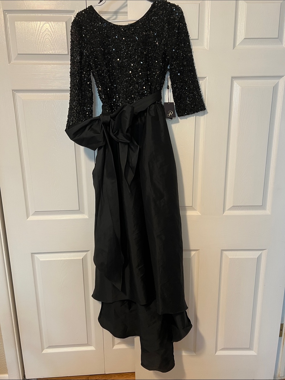 Adrianna Papell, Black Sequin Bodice Evening Gown with Side Bow, Size 10